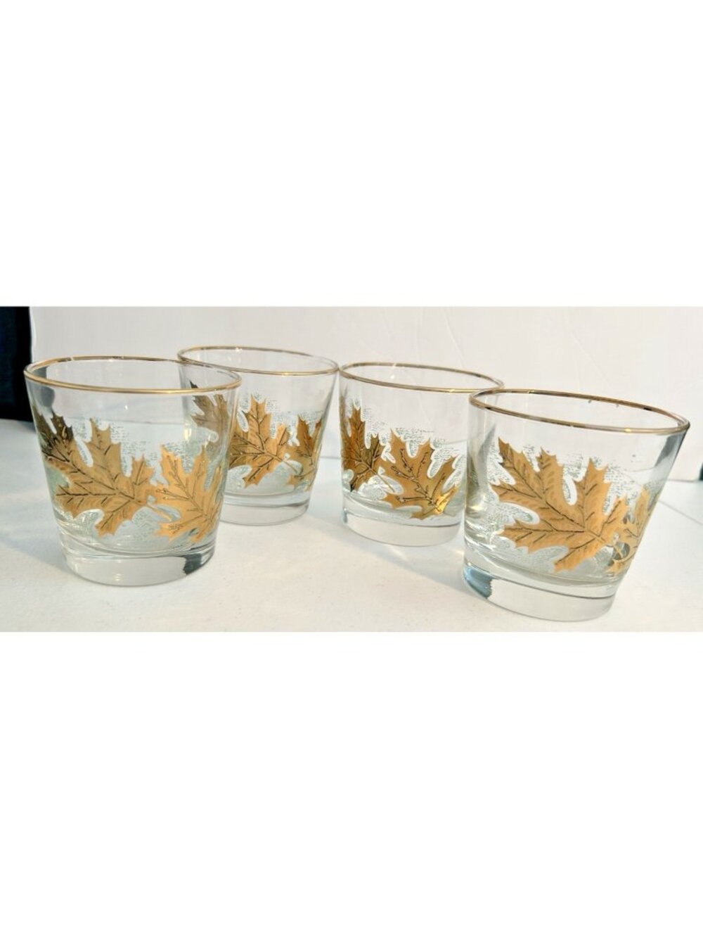 Vintage Golden Oak Libbey Lowball Glasses Rocks Set of 4 Leaf Cocktail MCM Gilt